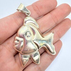 VTG Solid Sterling Silver 925 Whimsical Puffed Fish Pendant Size 2.5" Length